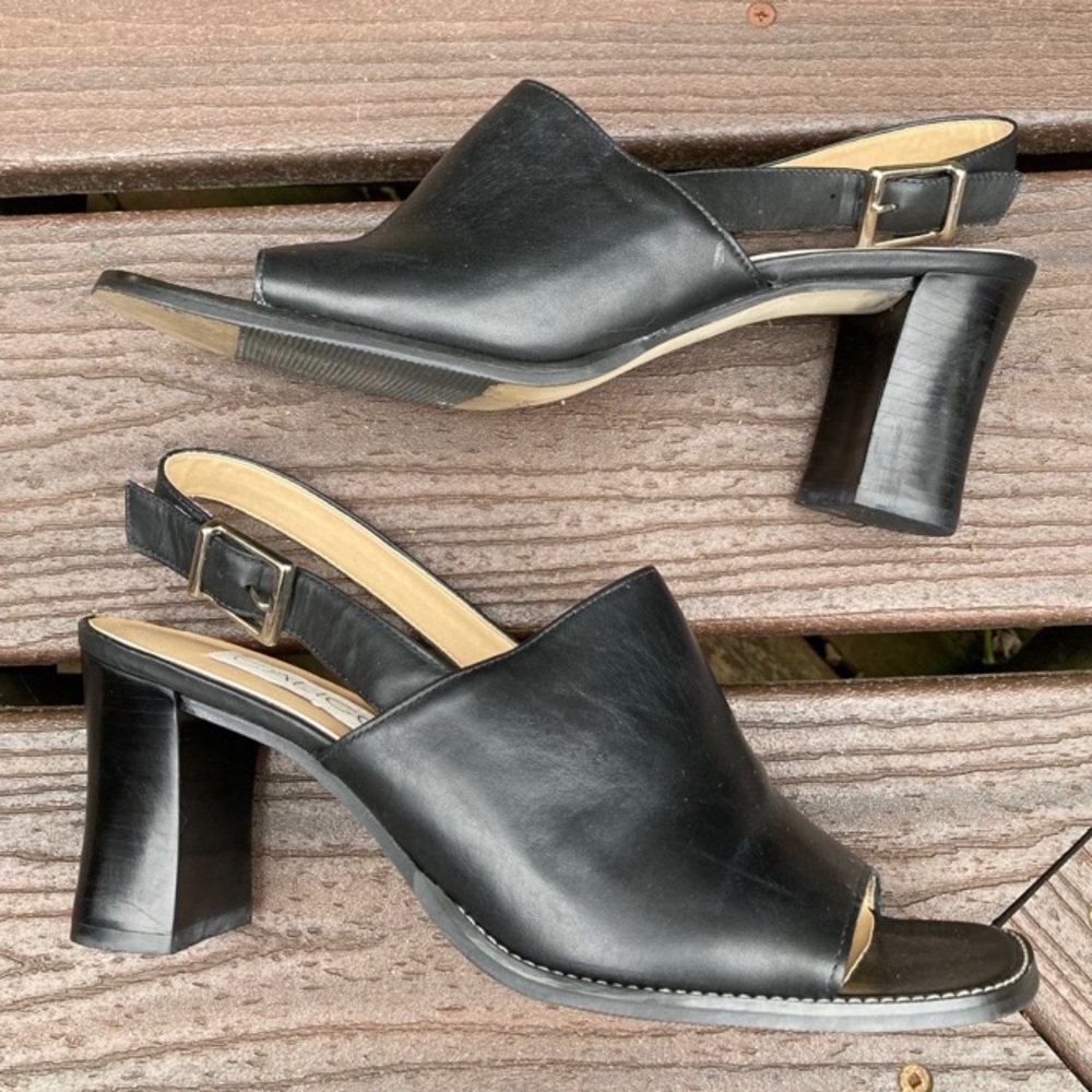 Calico Lookout Women Sling Back Sandals Black Leather Block Heel Sz 9.5